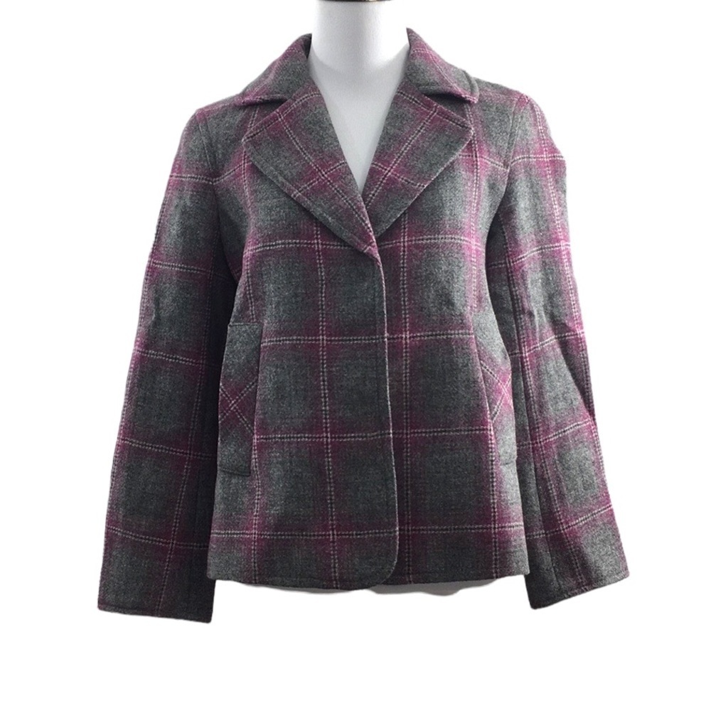 Talbots Gray Purple Plaid Wool Blend Blazer Jacket Womens‎ 4 P Roll Up Cuff